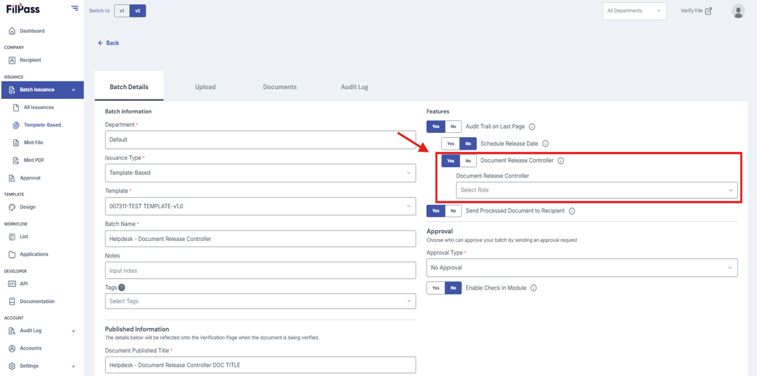 Image of Create batch page with the Document Release Controller toggle and Document Release Controller dropdown field highlighted in a red box