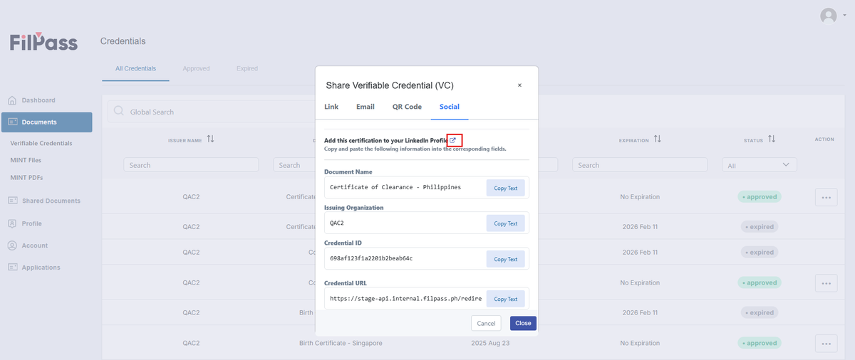 Image of the Share modal with the icon for a link for "Add this certification to your LinkedIn Profile" highlighted in a red box
