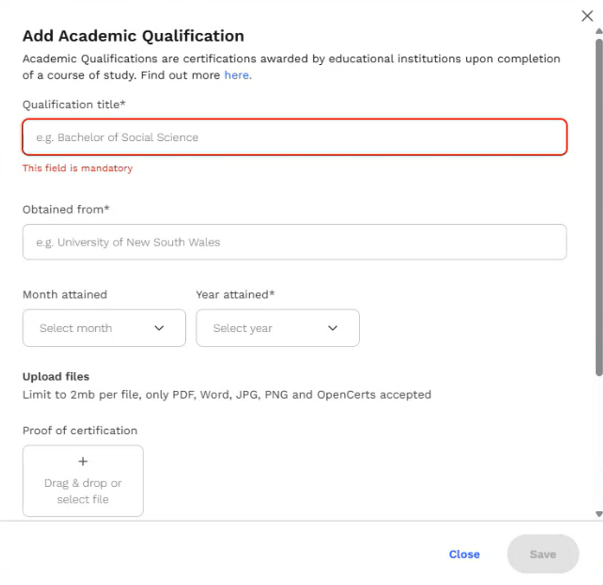 Add Academic Qualification