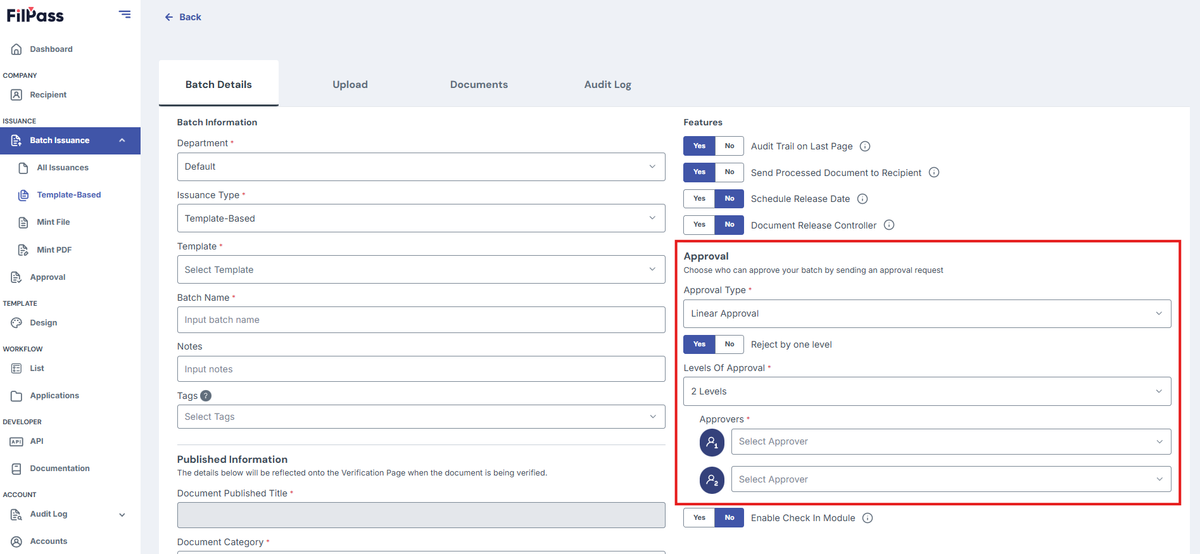 Image of Create batch page with the Approval section highlighted in a red box