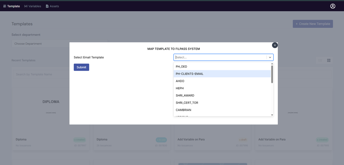 Image of the Map Template modal with the Select Email Template and Select Verifier fields highlighted in a red box
