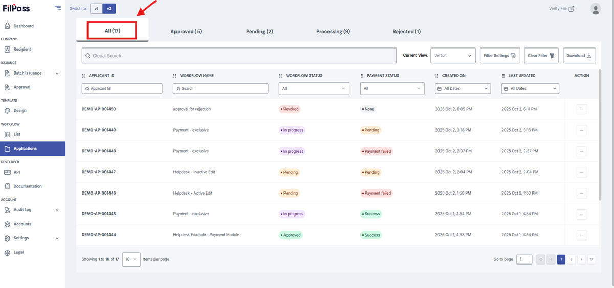 Image of the Workflow Application page with the All tab highlighted in a red box
