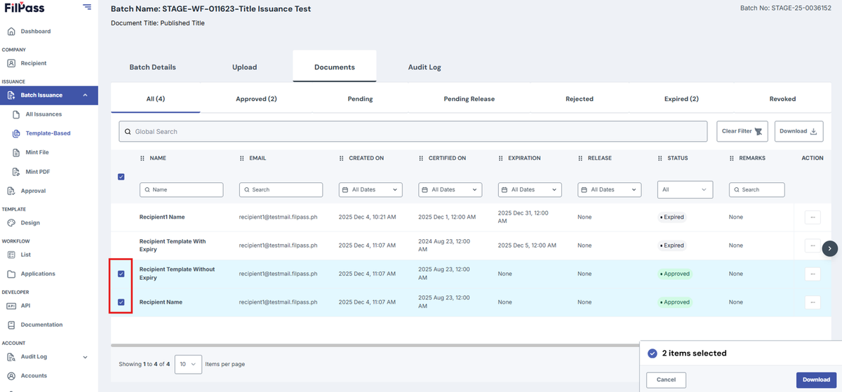 Image of Documents page with checkboxes highlighted by a red box