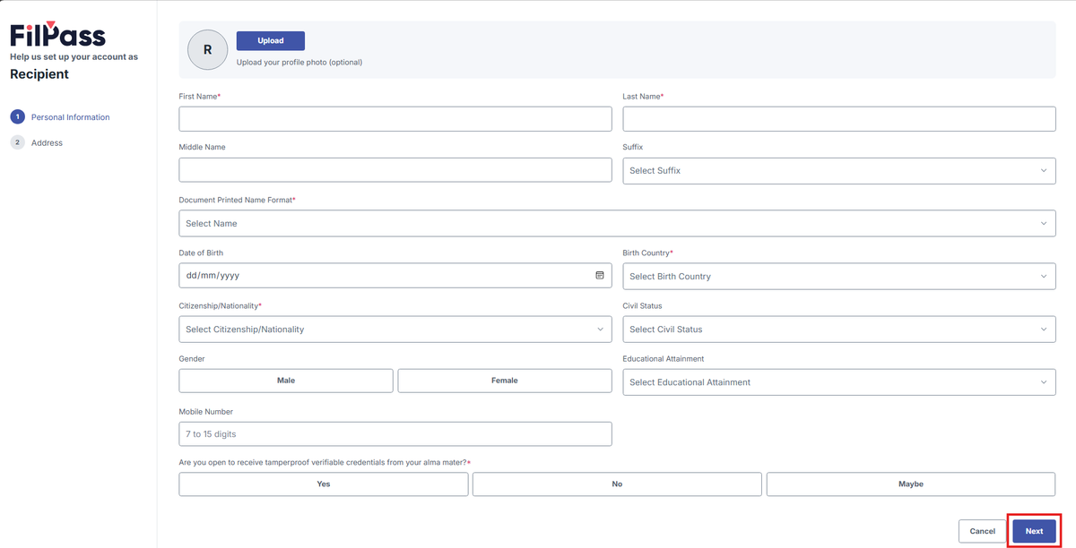 Image of the Personal Information page with the Continue button highlighted in a red box