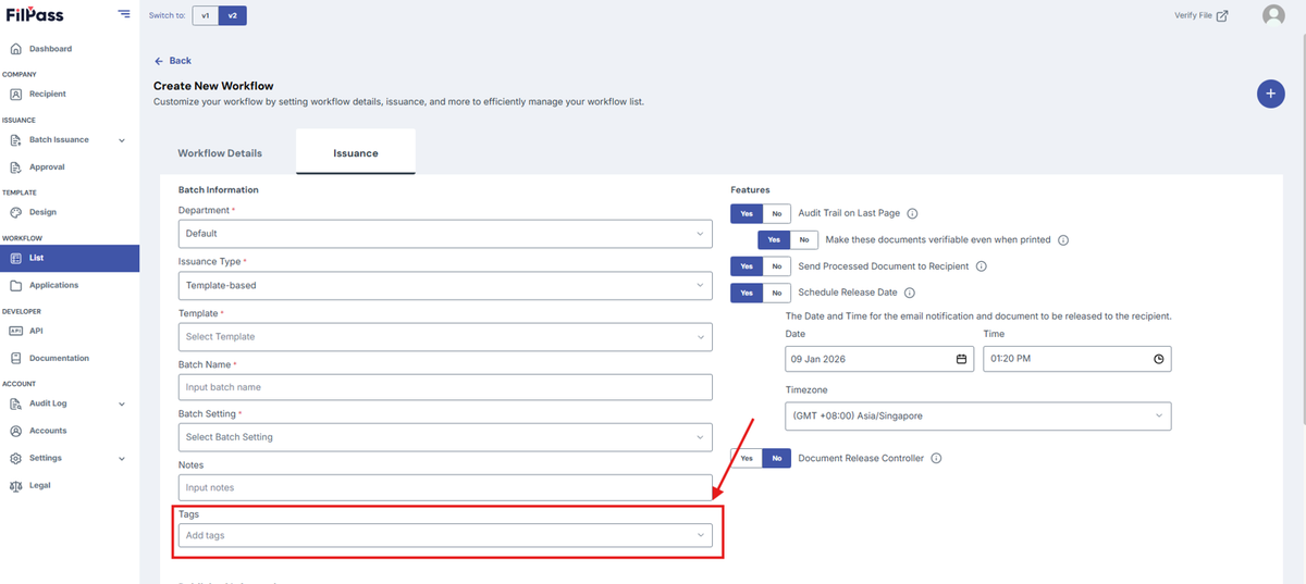 Image of the Issuance tab with the Tags field highlighted in a red box