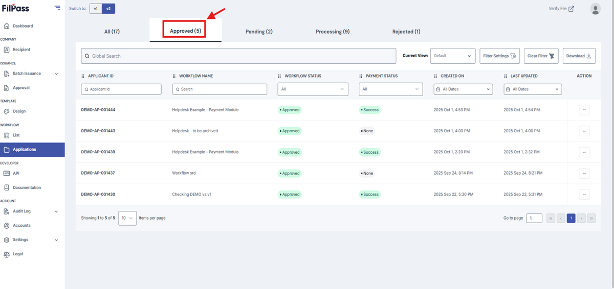 Image of the Workflow Applications page with the Approved tab highlighted in a red box
