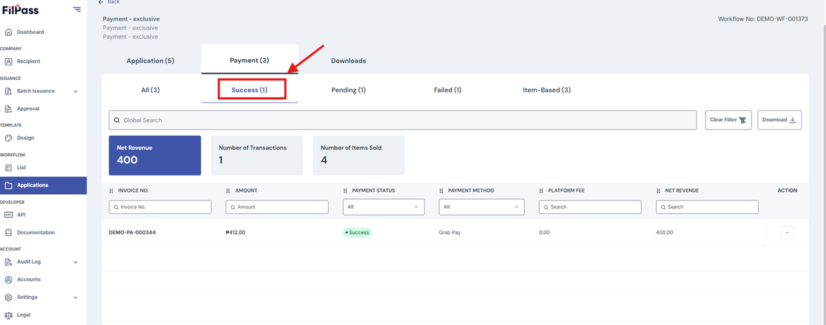 Image of Payment tab with the Success tab filter highlighted in a red box
