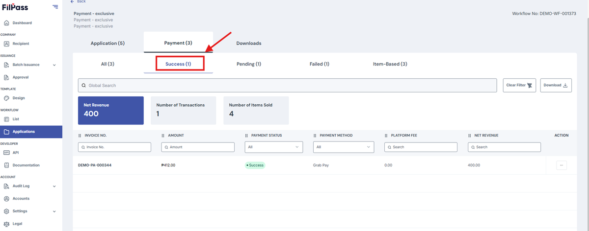 Image of Payment tab with the Success tab filter highlighted in a red box