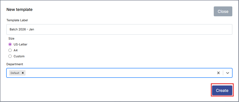 Image of the New Template modal with the Create button highlighted in a red box