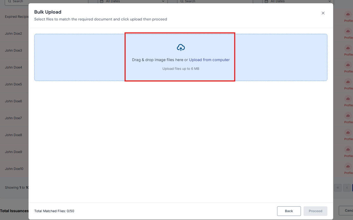 Image of Bulk Upload modal with "Drag & drop Image files here or Upload from computer" section highlighted in a red box
