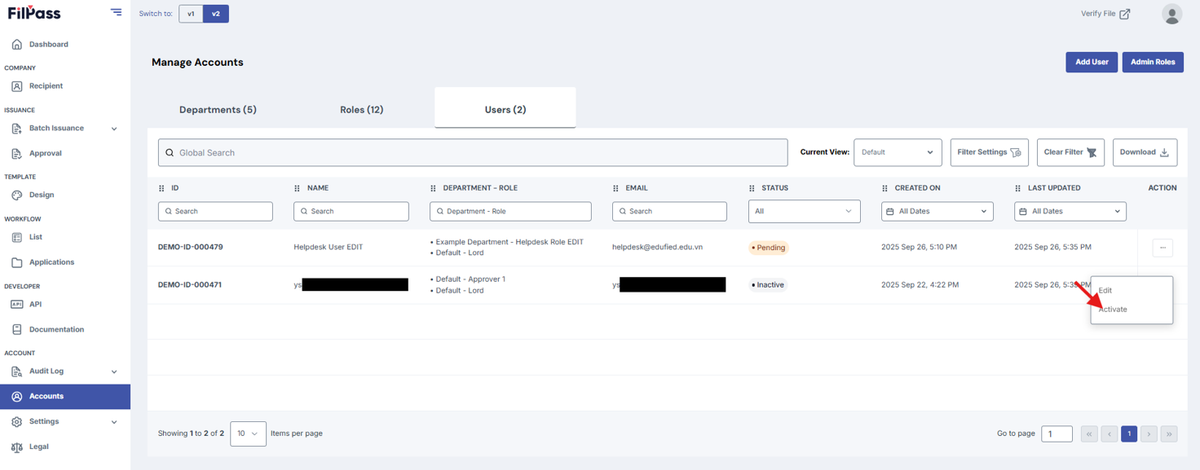 Image of the User tab with the Reactivate button being highlighted.