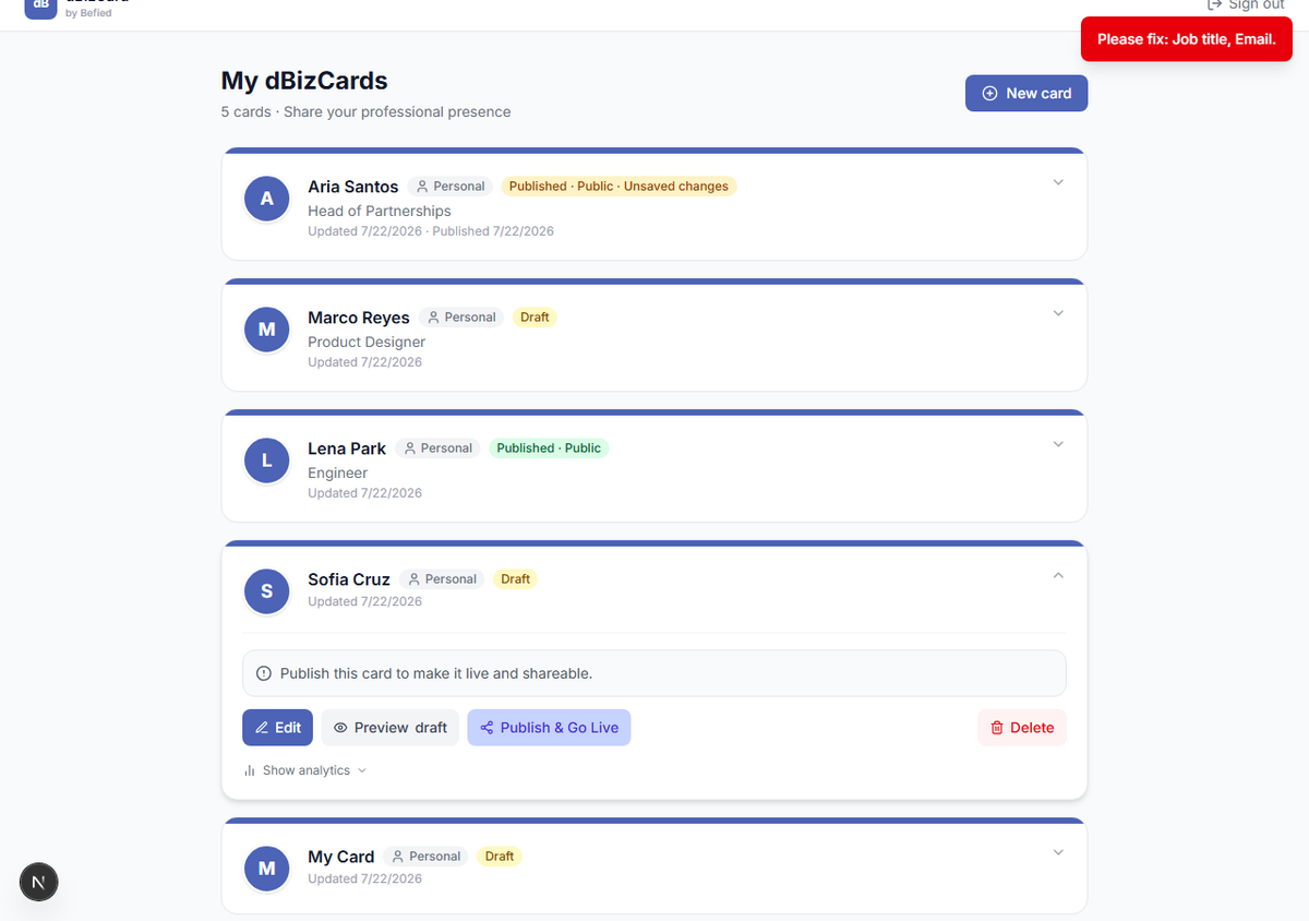 Publish-readiness banner naming missing fields