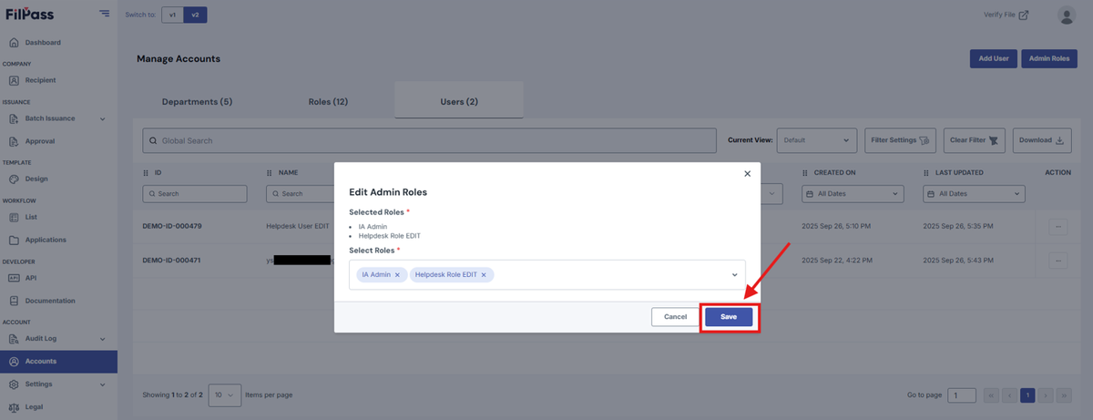 Image of the Edit Admin Roles pop-up modal with the Save button being highlighted.