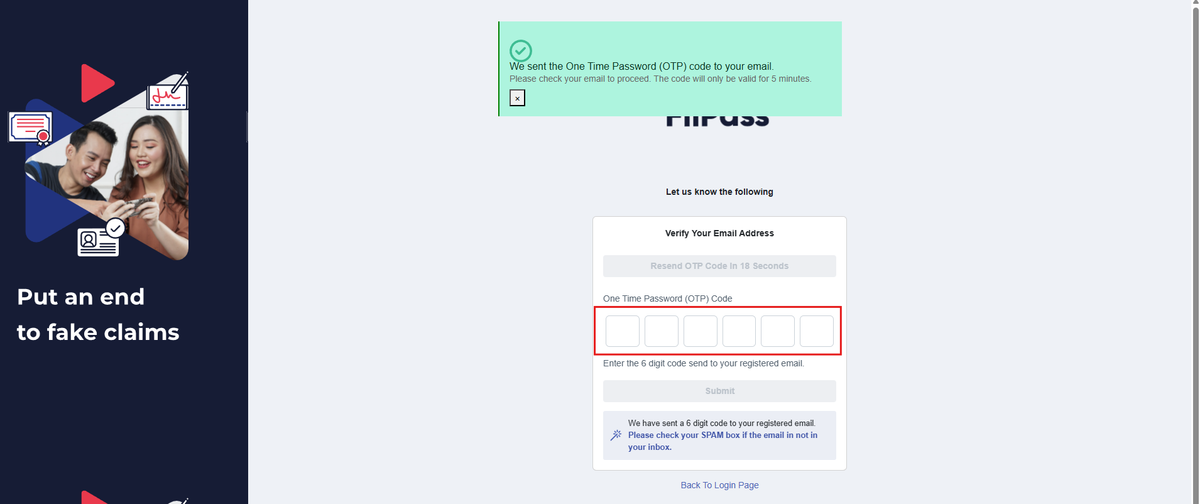 Image of the OTP page with the OTP field highlighted in a red box