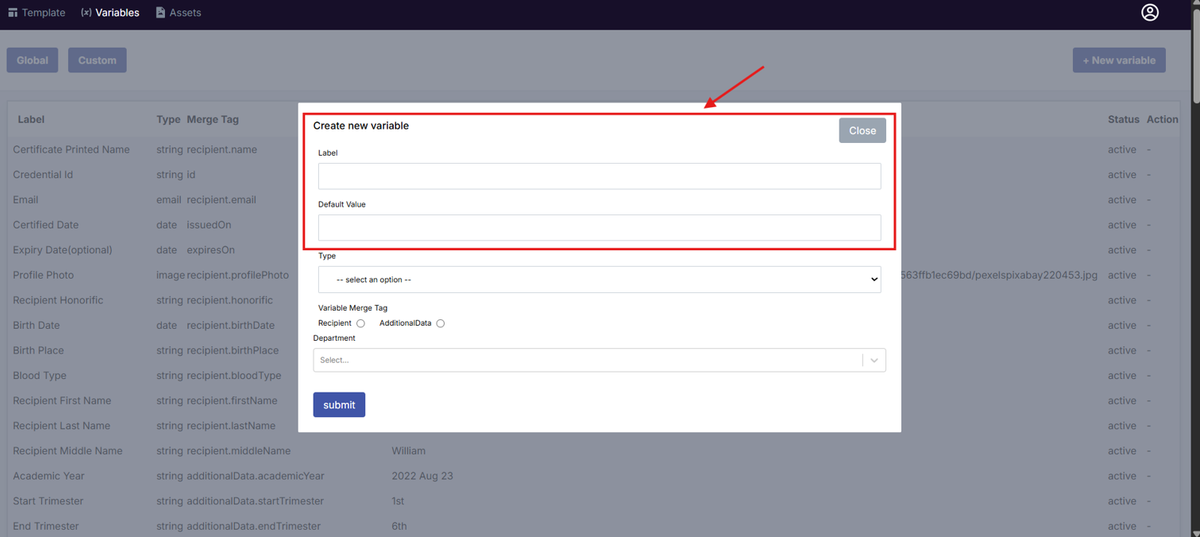 Image of Create new variable modal with the fields label and default value highlighted in a red box
