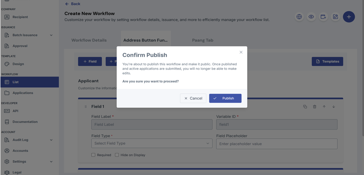 Image of the create workflow page with the confirm publish modal displayed