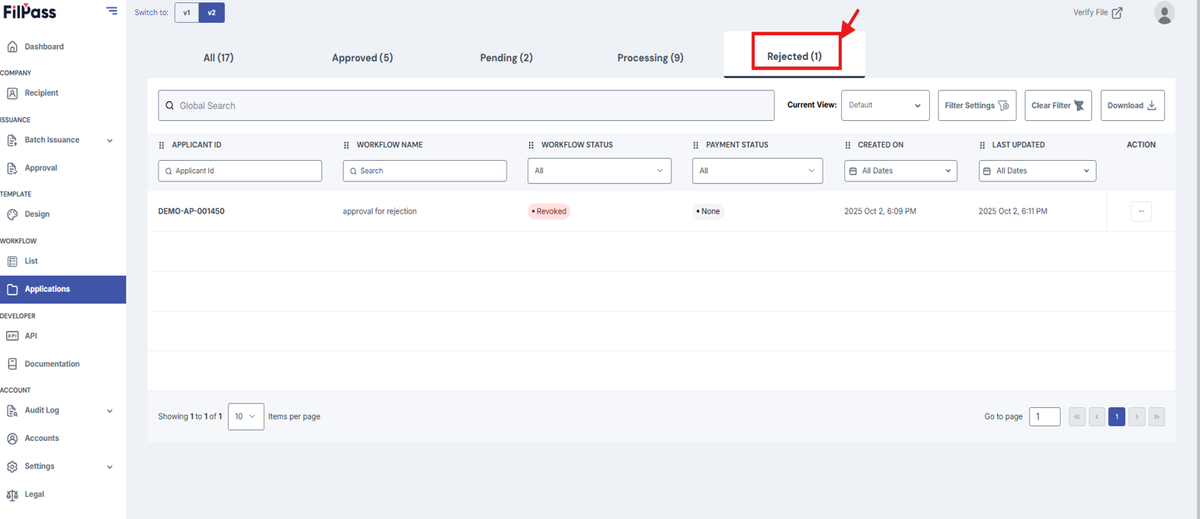 Image of the Workflow Application page with the Rejected tab highlighted in a red box
