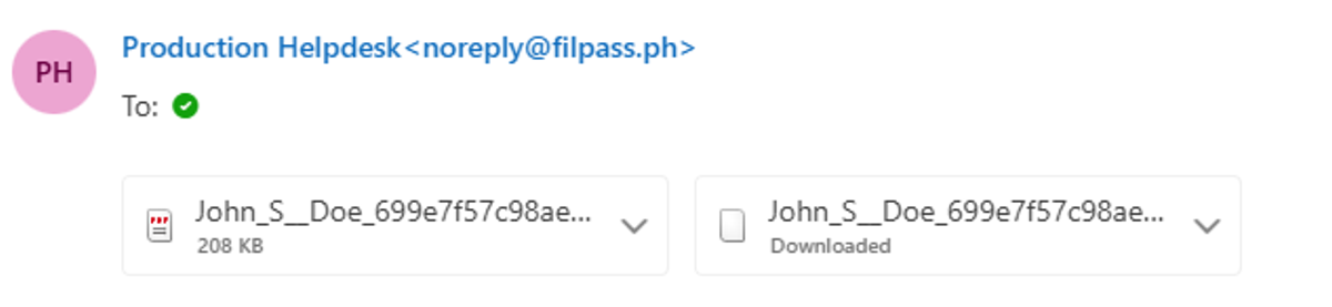 Opened Outlook email from Production Helpdesk showing two attachments displayed below the message.