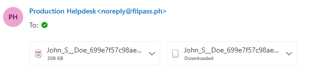 Opened Outlook email from Production Helpdesk showing two attachments displayed below the message.