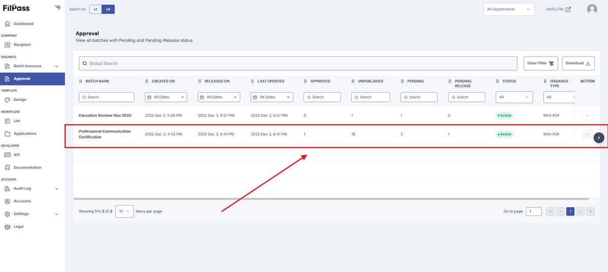 Image of Approval page with a row highlighted by a red box