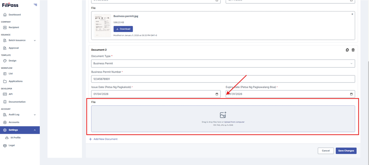 Image of the page with the highlighted file dropbox.