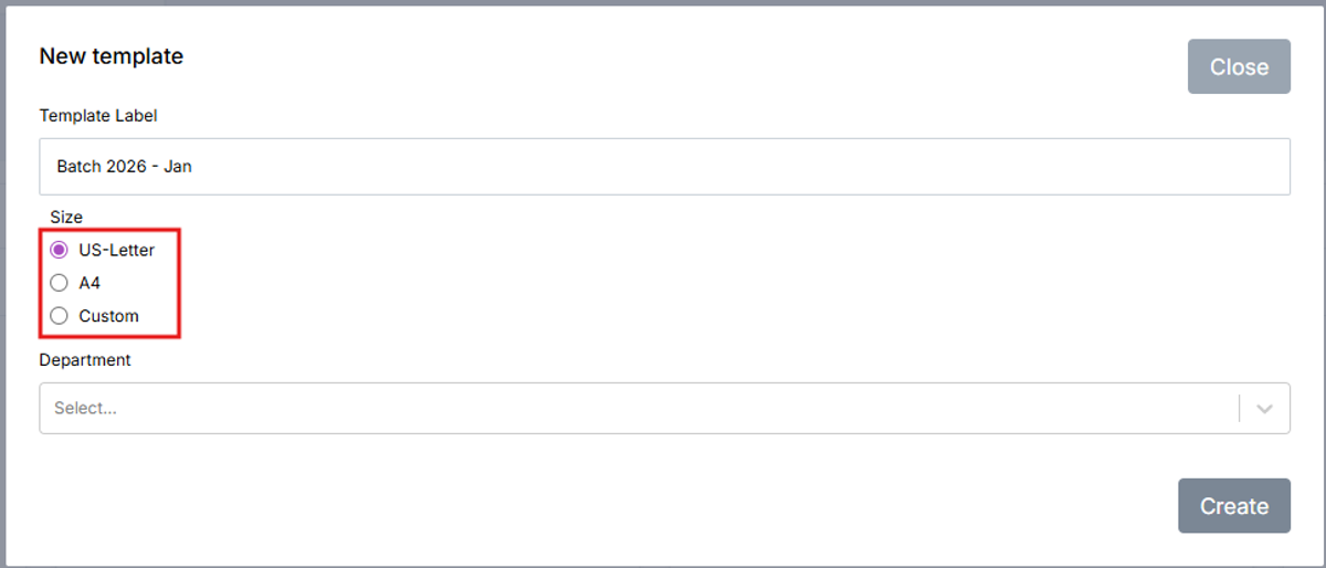 Image of the New Template Modal with the Size section highlighted in a red box