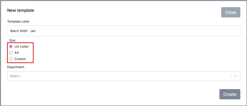 Image of the New Template Modal with the Size section highlighted in a red box