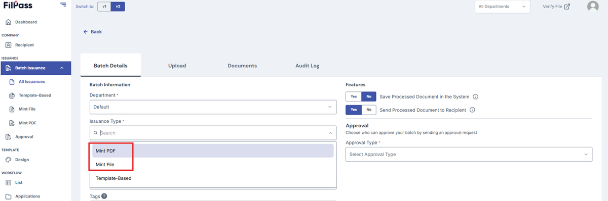 Image of Create Batch with Issuance Type dropdown choices highlighted in a red box