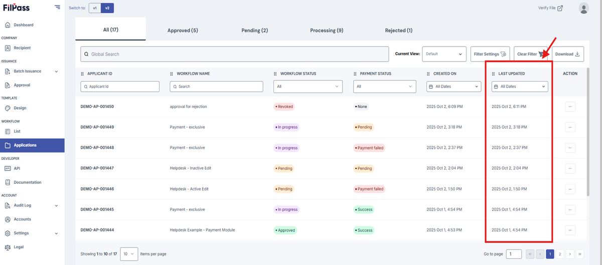 Image of the Workflow Applications page with the Last Updated column highlighted in a red box