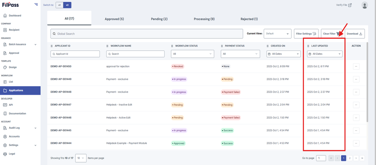 Image of the Workflow Applications page with the Last Updated column highlighted in a red box