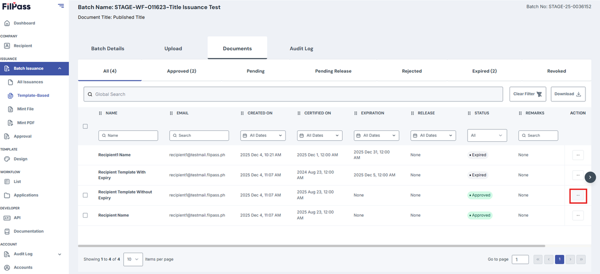 Image of Documents page with the Action button highlighted by a red box