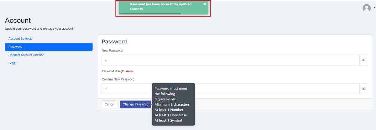 Image of Accounts page with the Success Message pop up "Password has been successfully updated." highlighted in a red box
