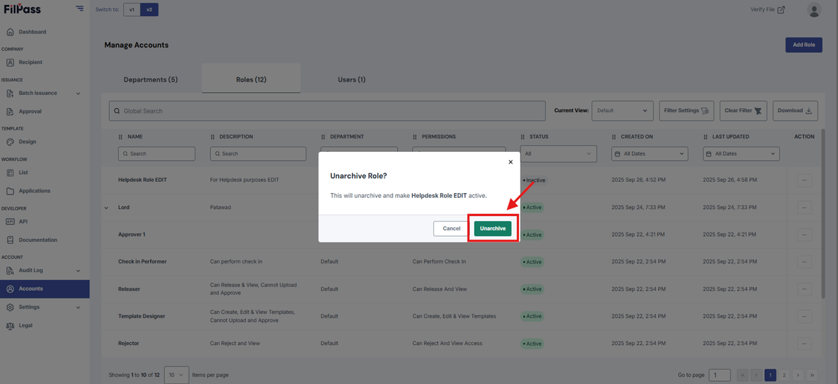 Image of the Unarchive pop-up modal with the Unarchive button being highlighted
