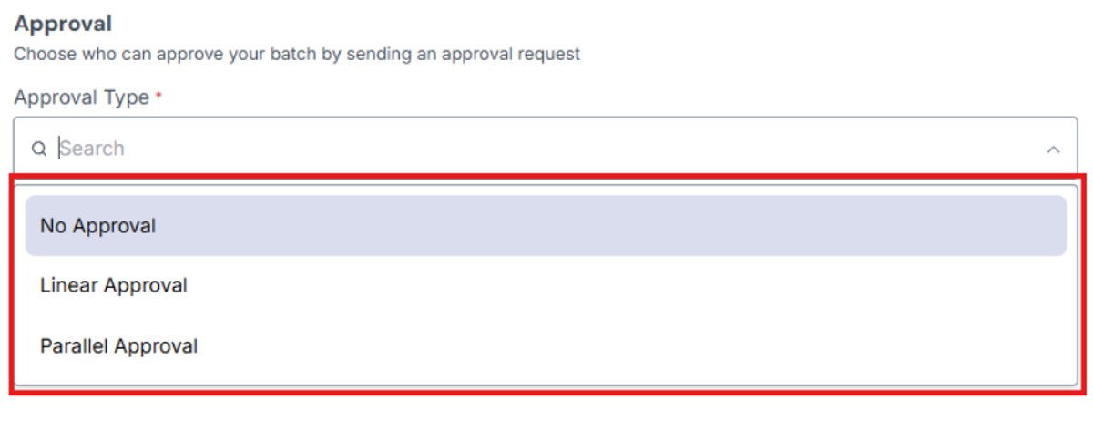 Image of Approval section with the Approval Type dropdown choices highlighted by a red box