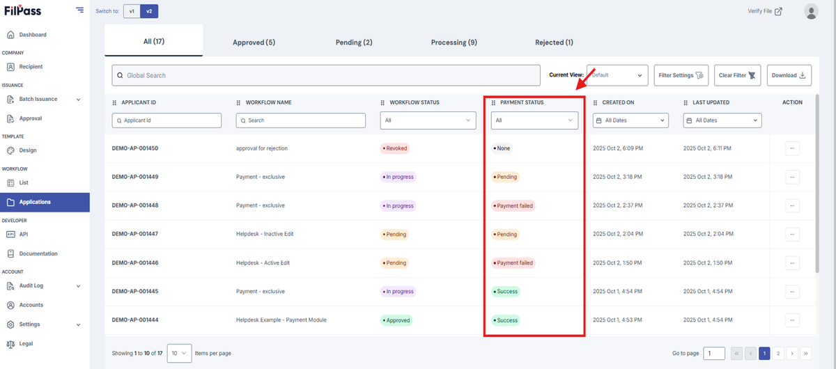 Image of the Workflow Application page with the Payment Status column highlighted in a red box