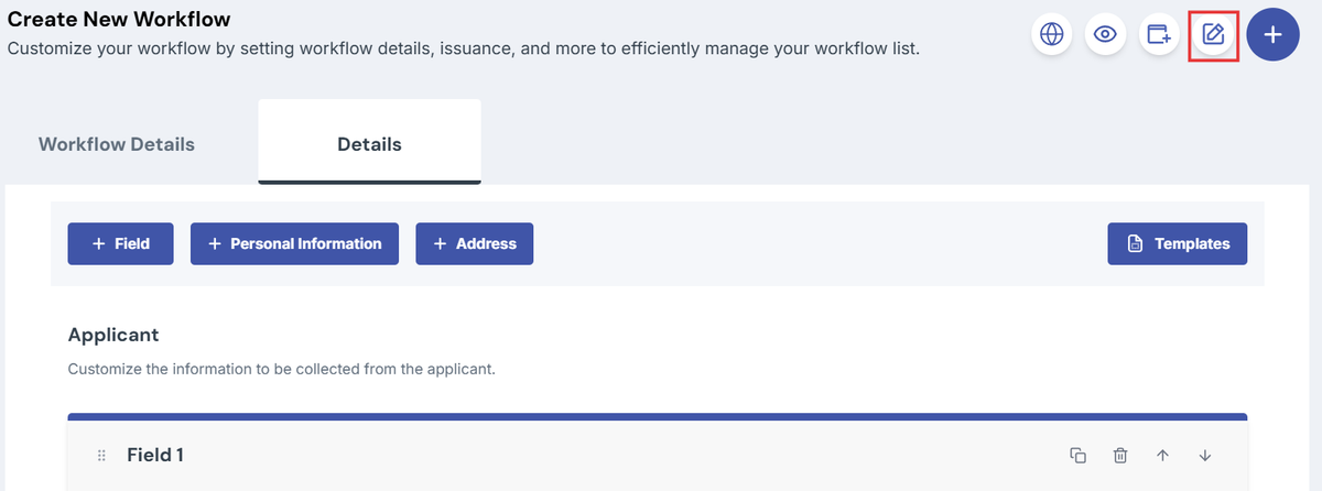Image of the create workflow page with the edit tab icon highlighted with a red box