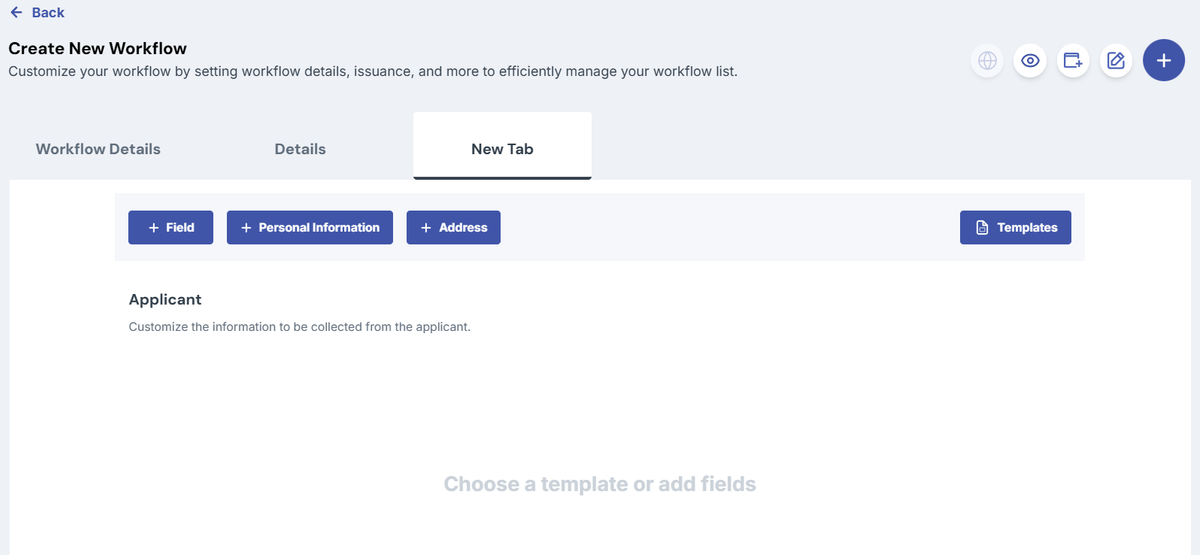 Image of the create workflow page showing the newly created custom tab 