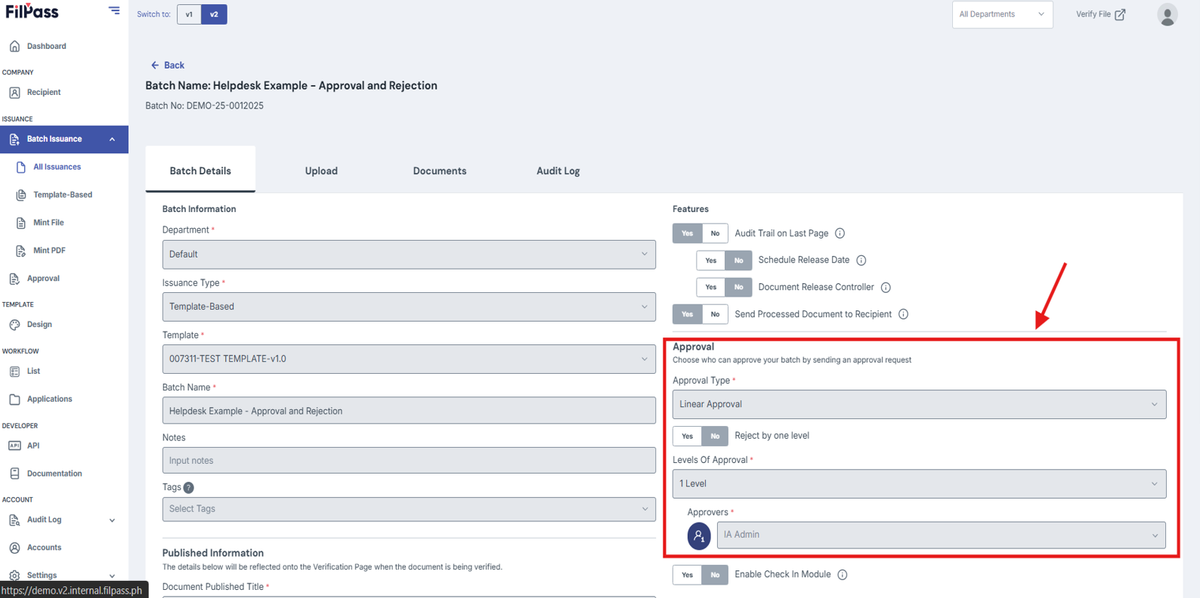Image of Create Batch page with Approval section highlighted in a red box
