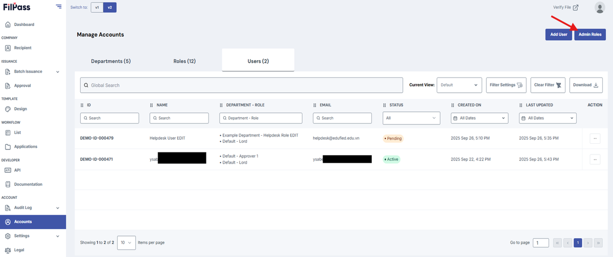 Image of the User tab with the Admin Role button being highlighted.