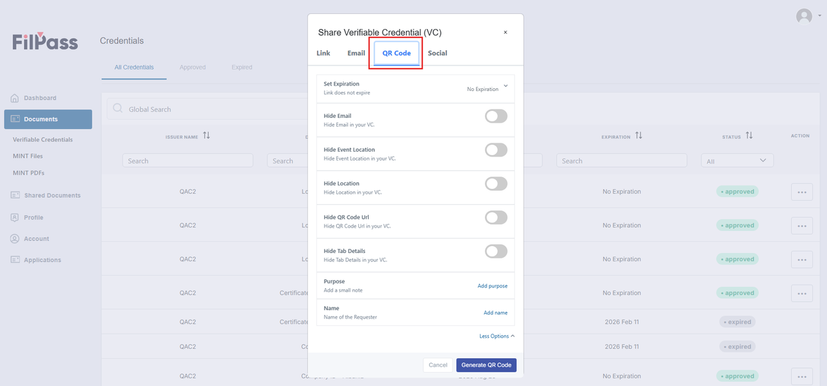 Image of the Share modal with the QR Code tab highlighted in a red box
