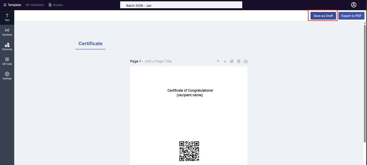Image of the Tempalte Design page with the Save as Draft button highlighted in a red box