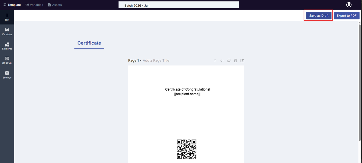 Image of the Tempalte Design page with the Save as Draft button highlighted in a red box
