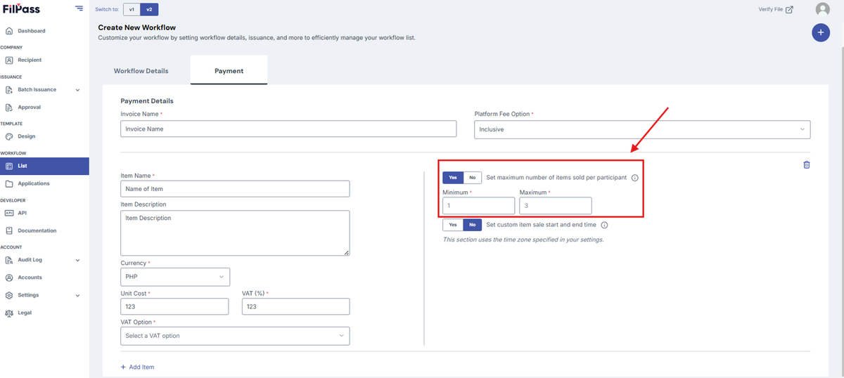 Image of the Payment tab with the "Set maximum of items per participant" feature section highlighted in a red box