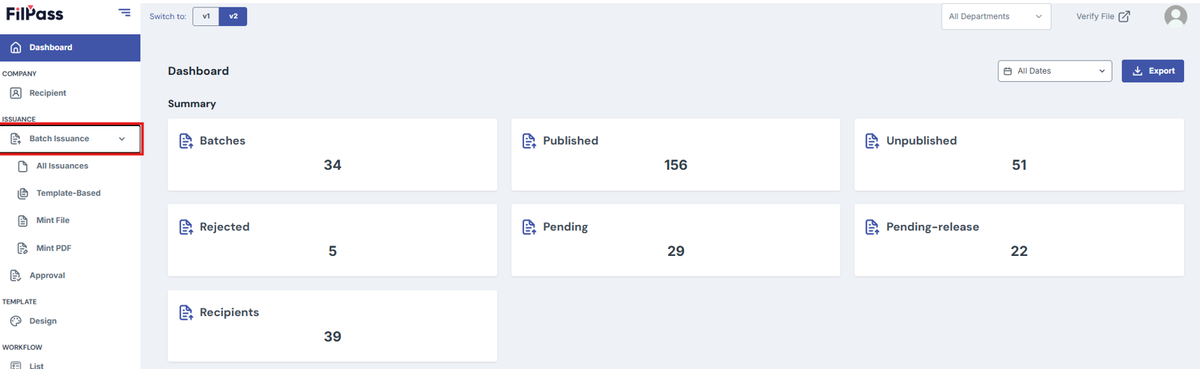 Image of Filpass page with Batch Issuance highlighted by a red box