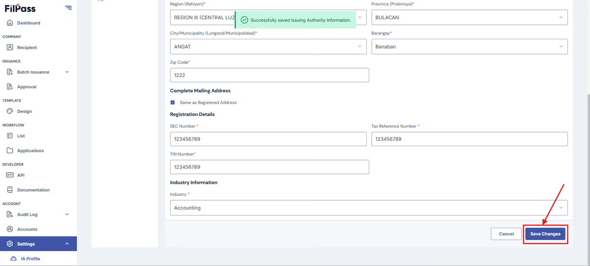 Image of the page with the highlighted Save Changes Button.