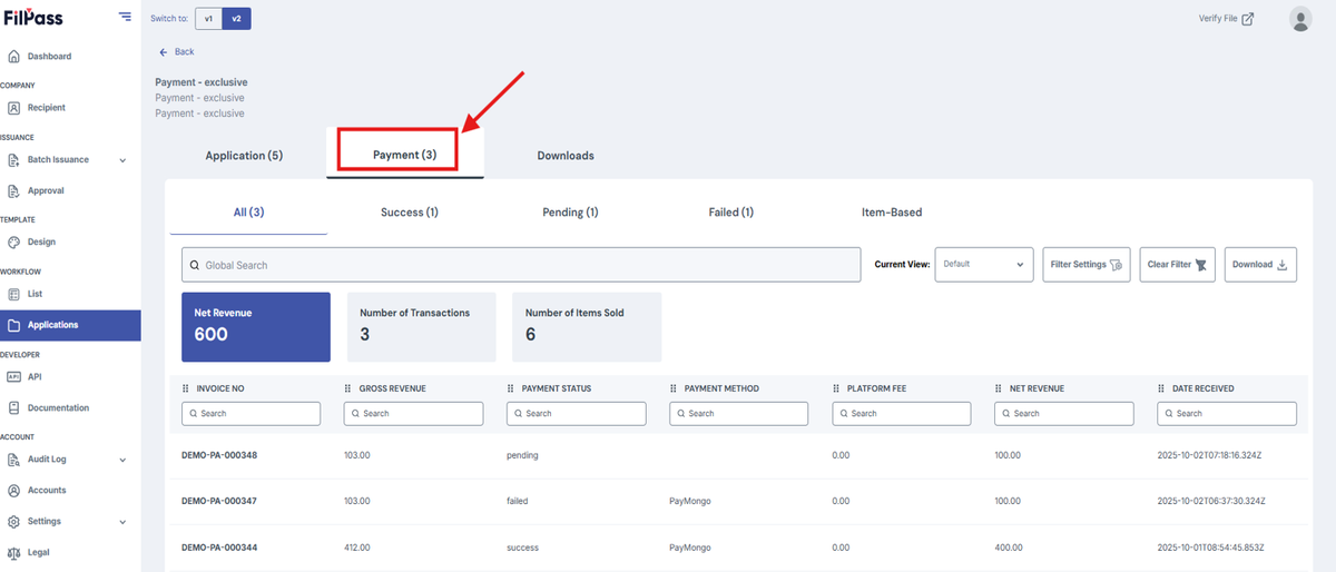 Image of the Workflow Application page with the Payment tab highlighted in a red box