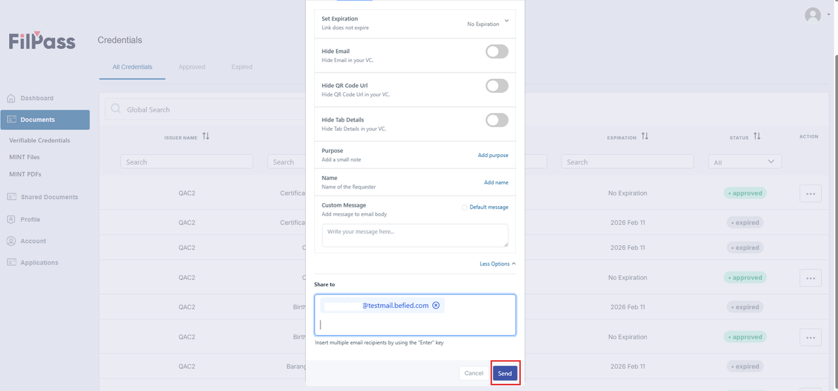 Image of the Share modal in Email tab with the Send button highlighted in a red box