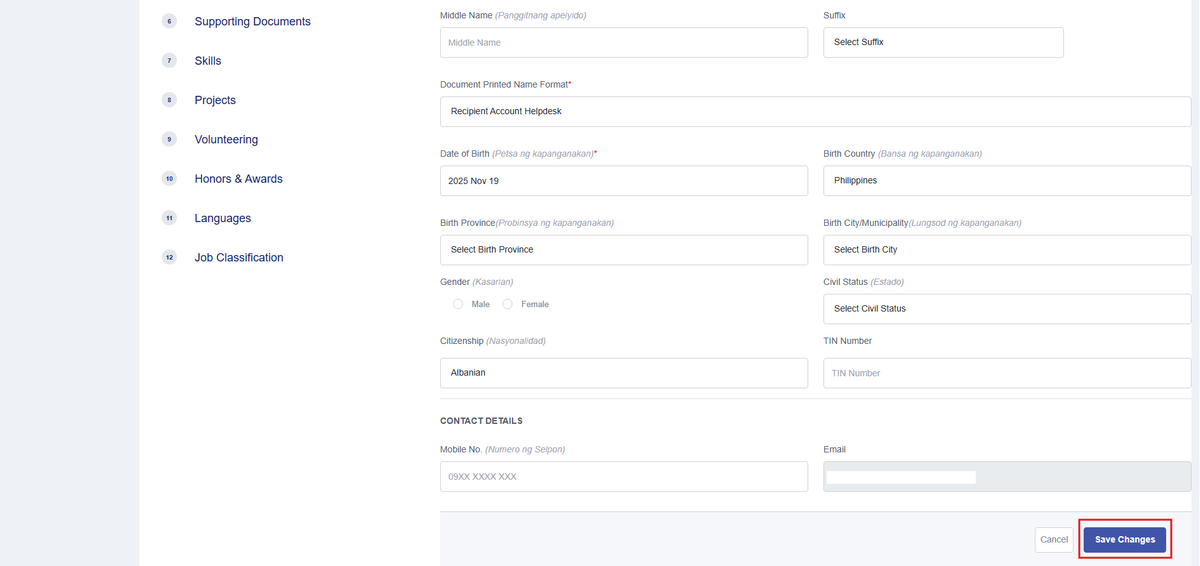 Image of the Profile page with the Save Changes button highlighted in a red box