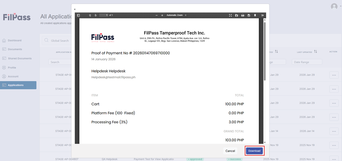 Image of the Proof of Payment modal with the Download button highlighted in a red box