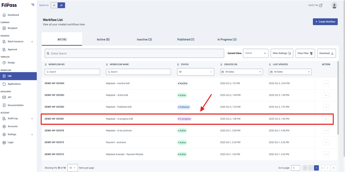 Image of the Workflow List page with an In Progress Workflow highlighted in a red box